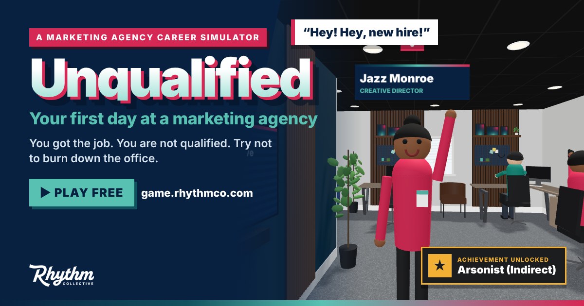 The Game 1 Unqualified game: a coworker waves at the new hire in a 3D marketing agency office
